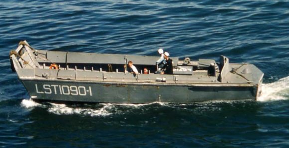 One of four LCVP landing crafts assigned to LST-1090, 1950s, location unknown.