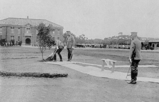 Crown Prince Hirohito planting a tree at the Taiwan Army 1st Infantry Regiment headquarters, Taihoku, Taiwan, 26 Apr 1923; now site of Chiang Kaishek Memorial Hall