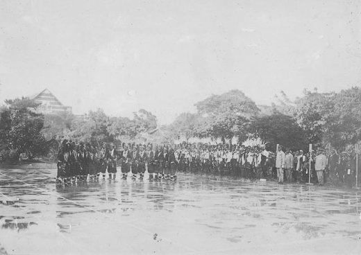 Aboriginal dancers performing for Crown Prince Hirohito, Taihoku, Taiwan, 18 Apr 1923