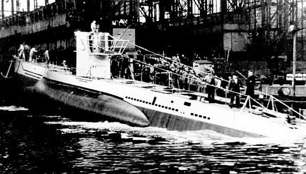 Launching ceremony of a German Type VIIB submarine, possibly at Slip V, Friedrich Krupp Germaniawerft, Kiel, Germany, circa late 1930s or early 1940s