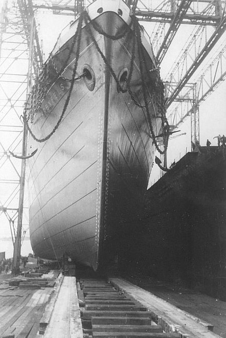 Launching of Ehrenfels, Deschimag shipyard, Bremen, 23 Dec 1935, photo 2 of 3; note Reichenfels under construction on the right of the photograph