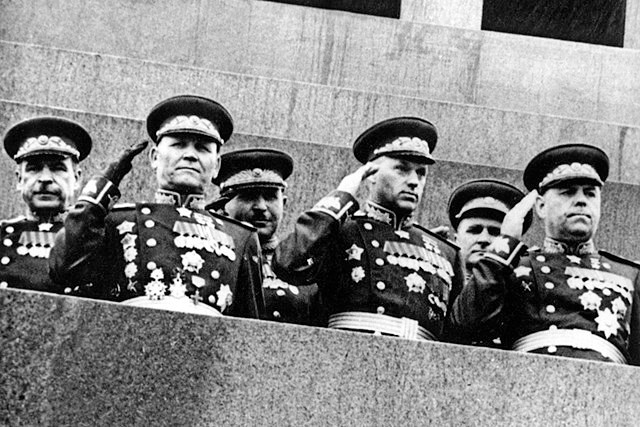 Ivan Konev (front row, left) and Konstantin Rokossovsky (front row, center) at the Red Square victory parade, Moscow, Russia, 24 Jun 1945