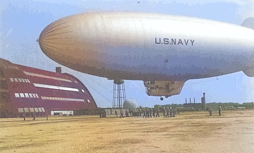 US Navy K-class airship of Airship Patrol Squadron ZP-14 at NAS Weeksville, North Carolina, United States, 1943-44. [Colorized by WW2DB]