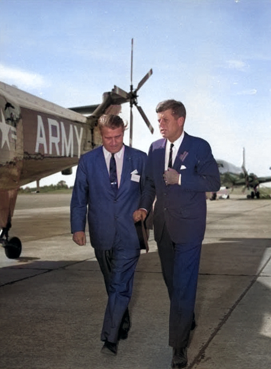 Wernher von Braun and President John F Kennedy at the Redstone Army Airfield, Huntsville, Alabama, United States, 18 May 1963 [Colorized by WW2DB]