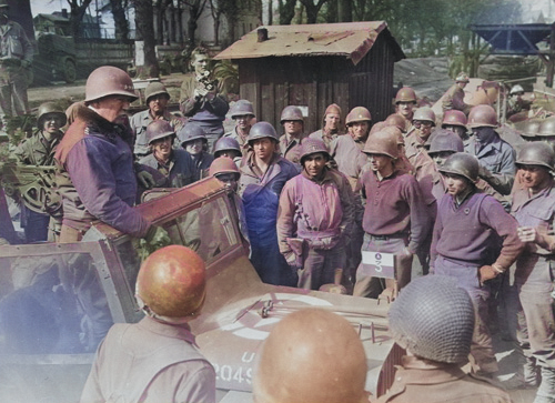 George Patton speaking to US 3rd Army engineers, Germany, late Mar 1945 [Colorized by WW2DB]