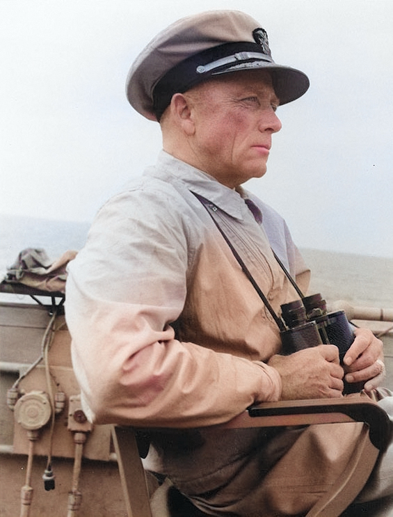 Rear Admiral Alan Kirk aboard USS Ancon, off Scoglitti, Sicily, Italy, Jul 1943 [Colorized by WW2DB]