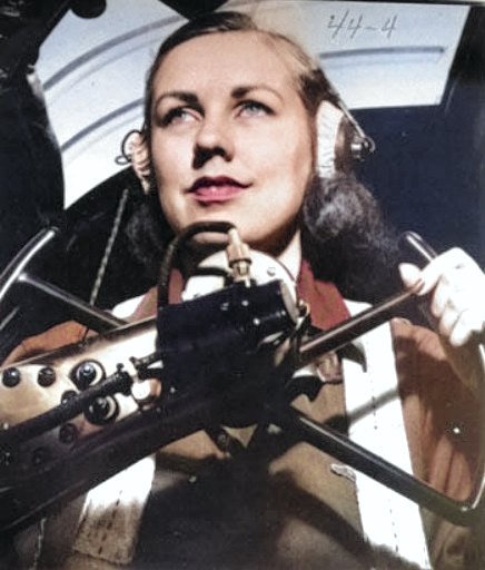 WASP pilot Shirley Slade at the controls of a Martin B-26 Marauder bomber, 1944. Slade had a reputation for flying the difficult-to-handle airplanes like the P-39 Airacobra and the B-26 Marauder. [Colorized by WW2DB]