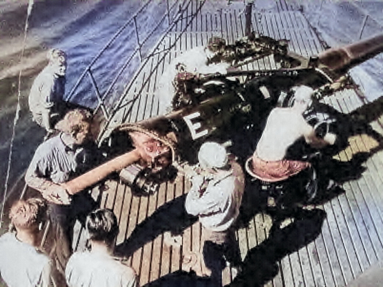 Deck gun crew aboard USS S-27, date unknown [Colorized by WW2DB]