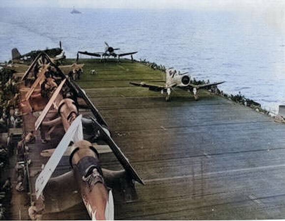 F4U-2 Corsair nightfighters on a carrier flight deck, 1944; seen in May-Jun issue of US Navy publication Naval Aviation News [Colorized by WW2DB]