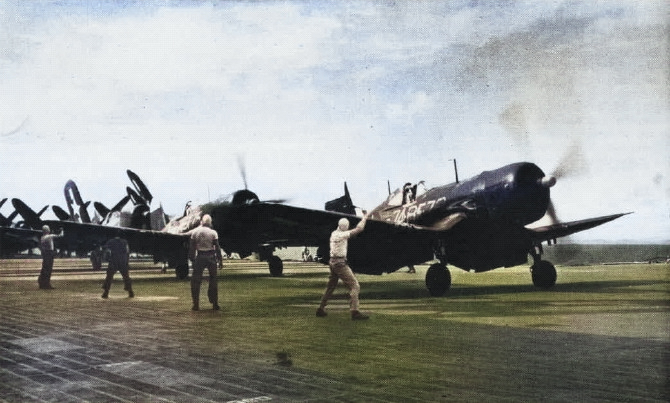 F4U-4 Corsair fighters of US Navy squadron VBF-74 aboard USS Midway, late 1945; seen in Feb issue of US Navy publication Naval Aviation News [Colorized by WW2DB]