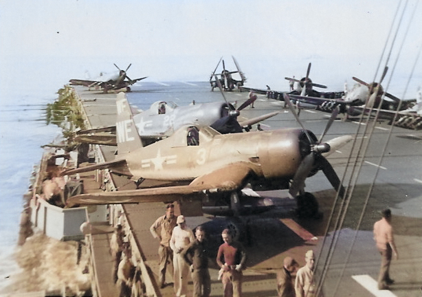 F4U-4B Corsair fighters of US Marine Corps squadron VMF-214 aboard USS Sicily, 1950 [Colorized by WW2DB]