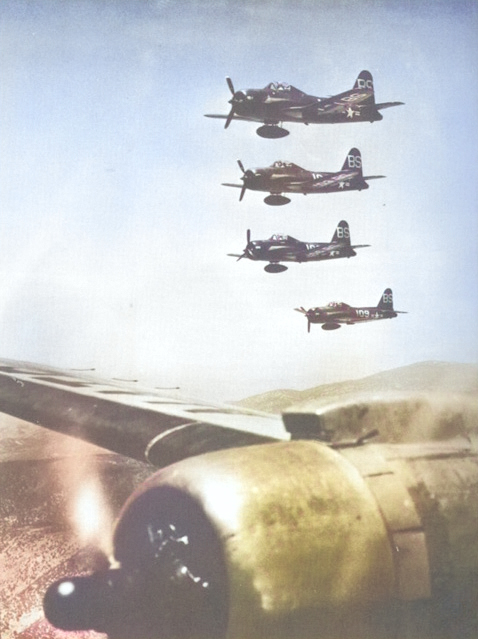 FR-1 Fireball fighters of US Navy squadron VF-1E in fight, 1947 [Colorized by WW2DB]