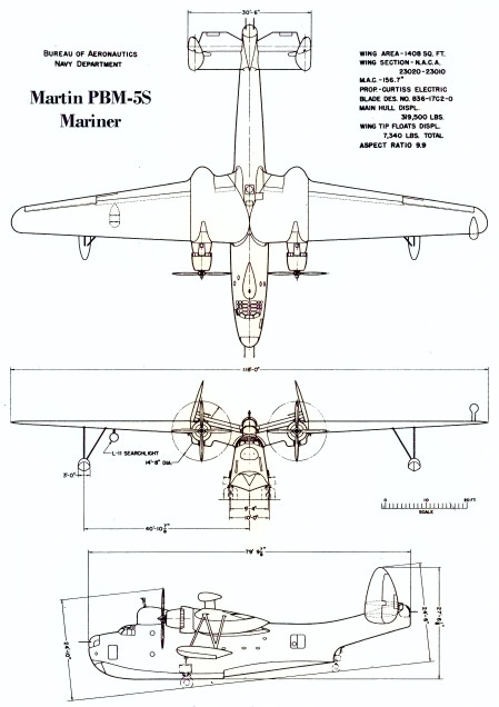 Drawing of the PBM-5S Mariner aircraft, date unknown [Colorized by WW2DB]