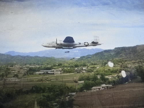 US B-25 bombers above the Japanese Toyohara Airfield, Taichu (now Taichung), Taiwan, 1945 [Colorized by WW2DB]