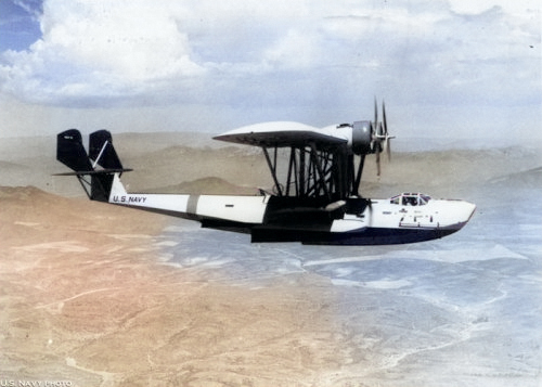 P2Y Model 22 aircraft in flight, 1930s [Colorized by WW2DB]