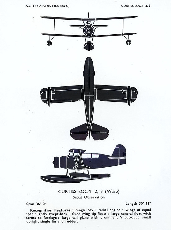 WW2-era recognition drawing of SOC Seagull floatplane by Air Intelligence Group, US Navy Technical Air Intelligence Section, 16 Feb 1944 [Colorized by WW2DB]