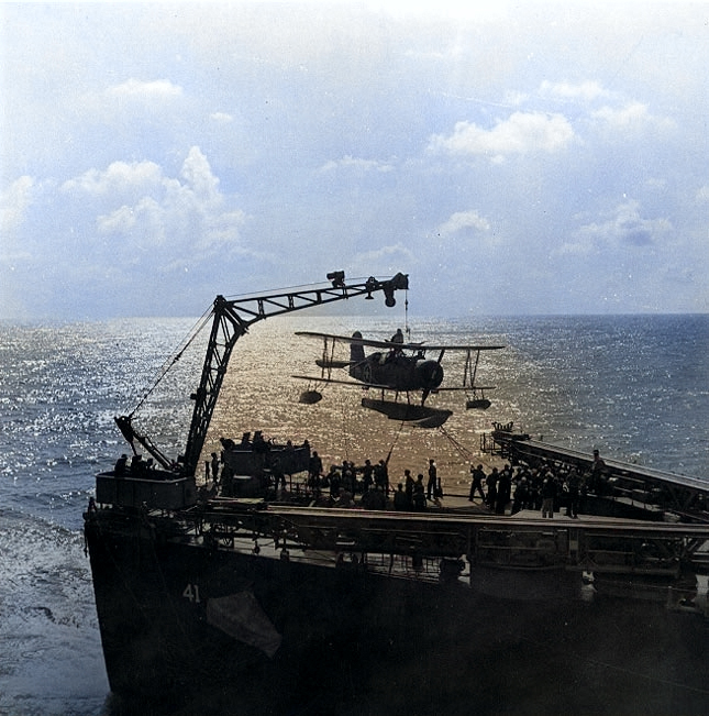 SOC Seagull aircraft being recovered by cruiser Philadelphia, off North Africa, Nov 1942, photo 3 of 4 [Colorized by WW2DB]