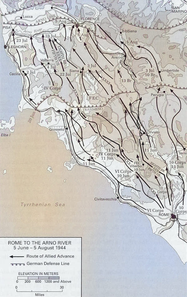 Map showing Allied advance from Rome toward the Arno River, Italy, 5 Jun-5 Aug 1944 [Colorized by WW2DB]