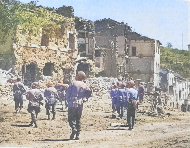 Troops of US 3rd Division entering Valmontone, Italy, circa May 1944 [Colorized by WW2DB]