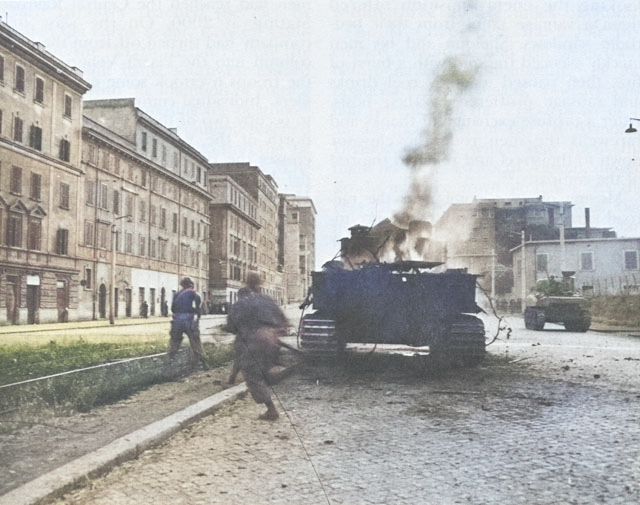 US infantry running past a burning tank, Rome, Italy, 4 Jun 1944 [Colorized by WW2DB]