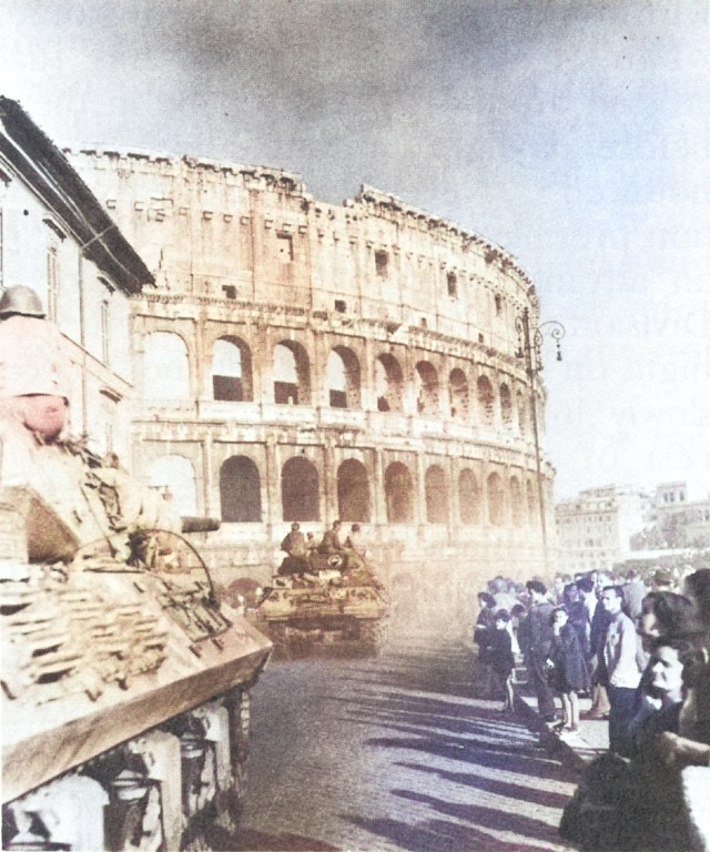 American tank destroyers at the Colosseum, Rome, Italy, Jun 1944 [Colorized by WW2DB]