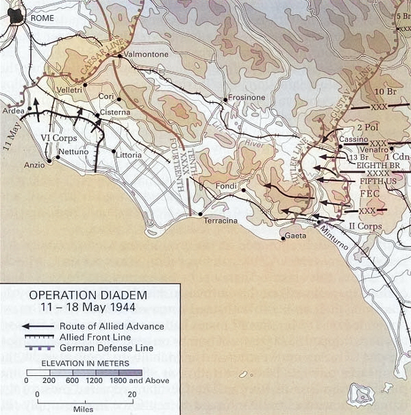 Map of the Allied Operation Diadem plan for the Anzio, Italy area, May 1944 [Colorized by WW2DB]