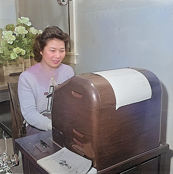 A female Japanese-American stenographer at the Jerome Relocation Center, Arkansas, United States, 11 Mar 1943 [Colorized by WW2DB]