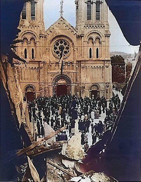 French civilians gathering in front of damaged Église Notre-Dame-du-Vœu, Cherbourg, France, 22 Aug 1944 [Colorized by WW2DB]