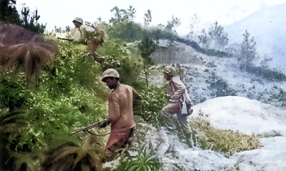 US Marines advancing up a hill, Okinawa, Japan, circa Apr-Jun 1945 [Colorized by WW2DB]