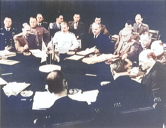 Stalin, Attlee, Truman, and others at the Potsdam Conference, Germany, 28 Jul 1945, photo 3 of 3 [Colorized by WW2DB]