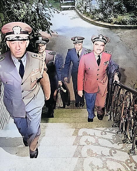 US Navy FAdm King's staff going to their quarters during Potsdam Conference, Germany, 15 Jul 1945; top to bottom: VAdm G. M. Cooke, RAdm H. L. Naples, Captain A. S. McDill, Commander E. J. Gough [Colorized by WW2DB]