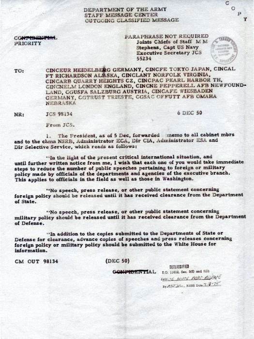 US Joint Chiefs of Staff communication regarding Harry Truman's order to limit press releases, 6 Dec 1950, page 1 of 2 [Colorized by WW2DB]