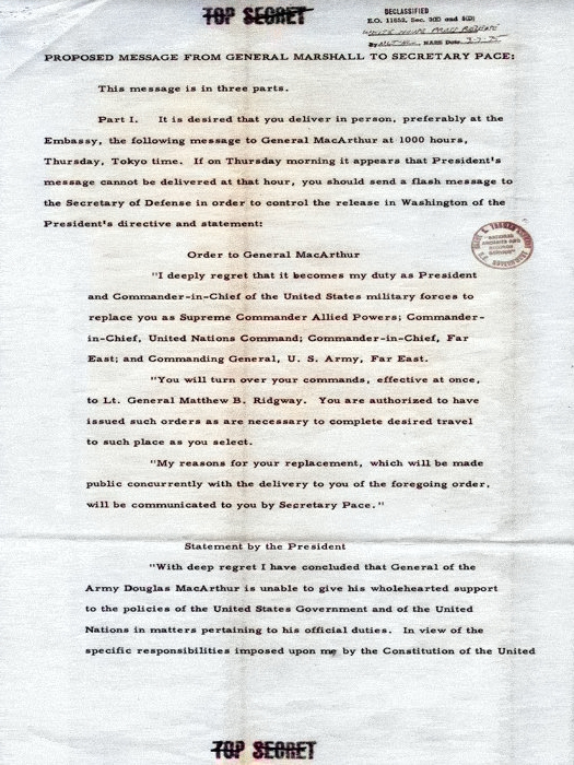 Truman's order to relieve MacArthur, 10 Apr 1951, page 1 of 6 [Colorized by WW2DB]