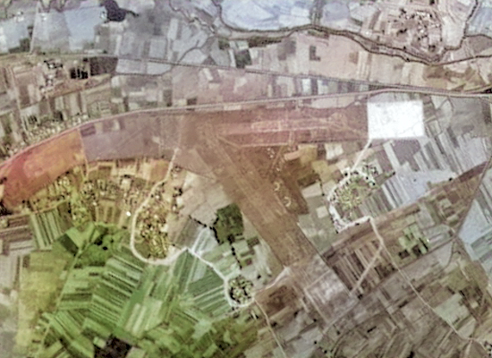 Aerial view of Hozan Airfield in Takao (now Fengshan District, Kaohsiung), Taiwan, Jan 1945 [Colorized by WW2DB]