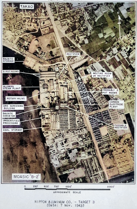 USAAF reconnaissance photograph of Nippon Aluminium Company facilities on the coast of Takao Harbor on the site of the former Reigaryo Airfield, southern Taiwan, Nov 1943 [Colorized by WW2DB]