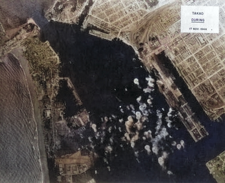 Takao (now Kaohsiung) harbor under US aerial attack, Taiwan, 17 Nov 1944, photo 5 of 5 [Colorized by WW2DB]