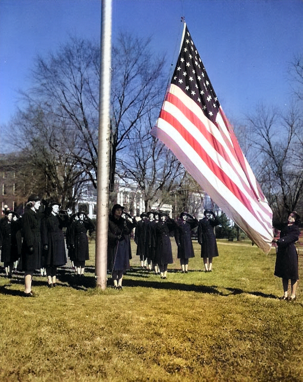 Retreat ceremonies at the WAVES Yeoman school, Naval Training School, Milledgeville, Georgia, United States, circa early 1945 [Colorized by WW2DB]