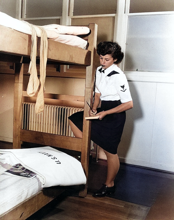 Specialist (S) 3rd class Aspasia Phoutrides inspecting WAVES barracks at the Advanced Naval Training Station, Lake Union, Seattle, Washington, United States, 18 Sep 1943 [Colorized by WW2DB]