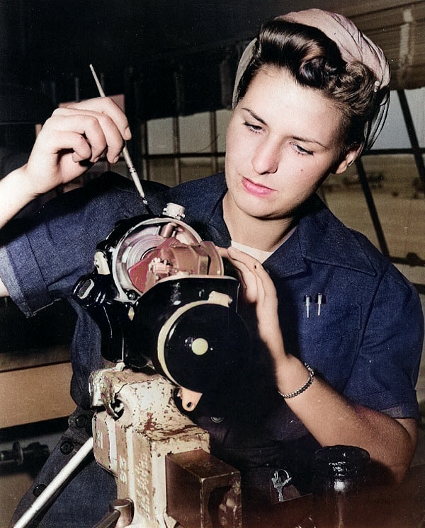 WAVES Aviation Machinist's Mate 3rd Class Dorothy Wuestner applying a paint brush to a magneto, Naval Air Station, Los Alamitos, California, United States, Sep 1943 [Colorized by WW2DB]