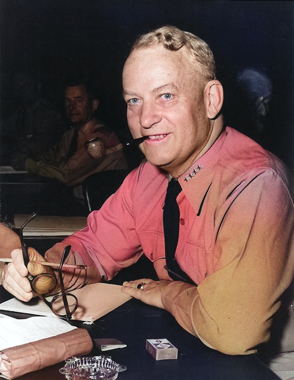 Admiral Burke at the Naval War College, Newport, Rhode Island, United States, circa late 1950s; note Rear Admiral William Smedberg in background [Colorized by WW2DB]