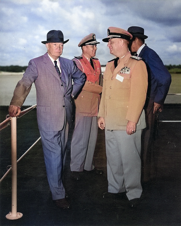 President Eisenhower, Admiral Burke, and Presidential Naval Aide Captain Evan P. Aurand aboard USS Saratoga, 6 Jun 1957 [Colorized by WW2DB]