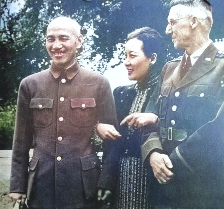 Chiang Kaishek, Song Meiling, and Joseph Stilwell at Maymyo, Burma, 19 Apr 1942, photo 3 of 3 [Colorized by WW2DB]