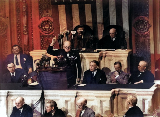 Winston Churchill speaking at a joint session of the US Congress, Washington, DC, United States, May 1943 [Colorized by WW2DB]