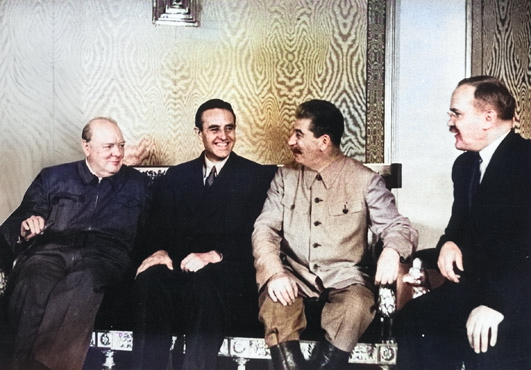 Winston Churchill, W. Averell Harriman, Joseph Stalin, and Vyacheslav Molotov at Fourth Moscow Conference, Russia, Oct 1944, photo 2 of 2 [Colorized by WW2DB]