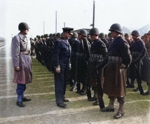 Dwight Eisenhower reviewing troops in England, United Kingdom, 15 May 1944 [Colorized by WW2DB]