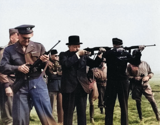 Major General Edward Brooks (behind Eisenhower) demonstrating M1 Carbines to Dwight Eisenhower, Winston Churchill, and Omar Bradley, England, United Kingdom, 15 May 1944, photo 1 of 2 [Colorized by WW2DB]