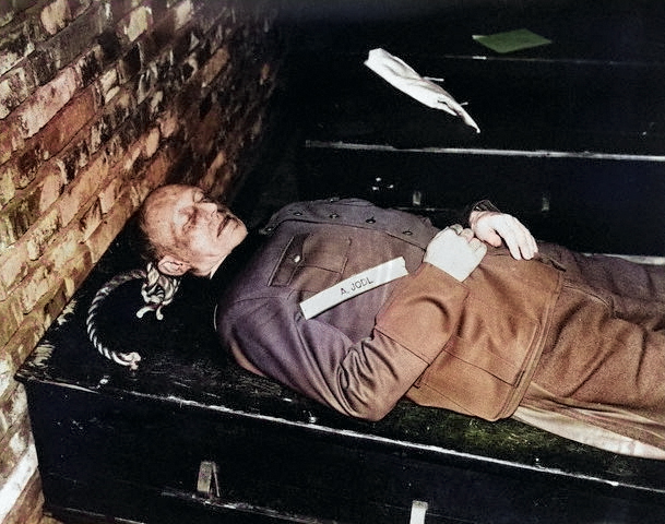 The body of Alfred Jodl after being hanged, Nuremberg, Germany, 16 Oct 1946 [Colorized by WW2DB]