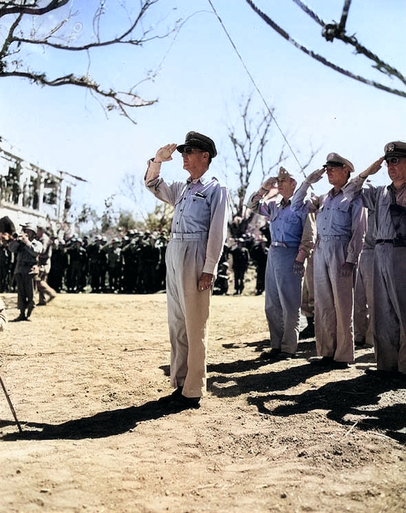 MacArthur saluted as the US National Anthem was played, Philippines, 1 Aug 1945 [Colorized by WW2DB]