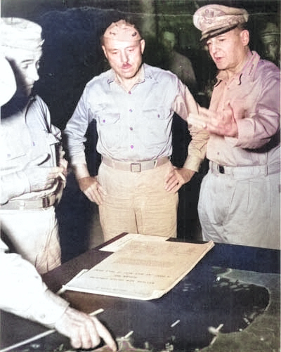 Generals Walter Kreuger, William Rupertus, and Douglas MacAthur, circa 1943 [Colorized by WW2DB]