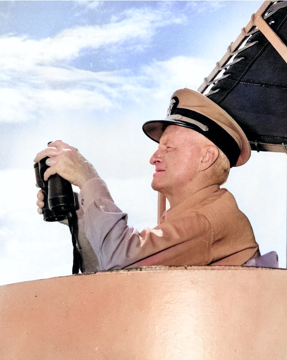 Fleet Admiral Chester Nimitz watching an anti-submarine weapons demonstration aboard destroyer USS Wiltsie in the Atlantic Ocean, 11 May 1946 [Colorized by WW2DB]